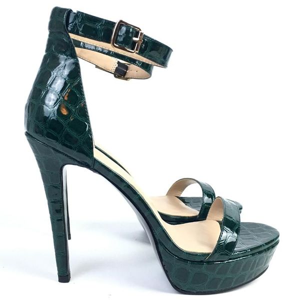 

sandals summer women's shoes peep toe high heels platform cover ankle buckle stone pattern brown dark green aimirlly, Black
