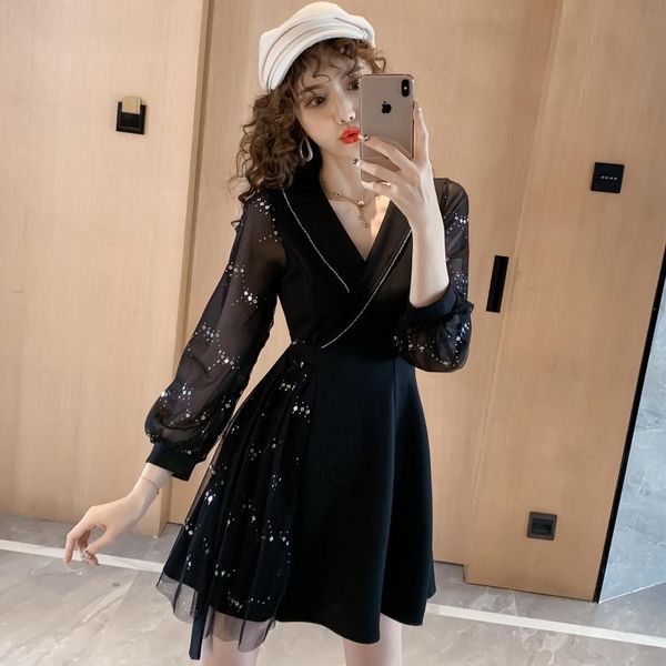 

casual dresses make winter v-neck net yarn splicing little black dress, Black;gray