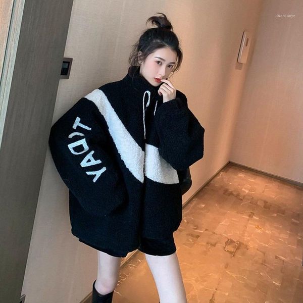 

winter coat women 2020 new letter print faux lamb fur jacket warm thick fashion loose plush ladies coat women teddy jacket1, Black