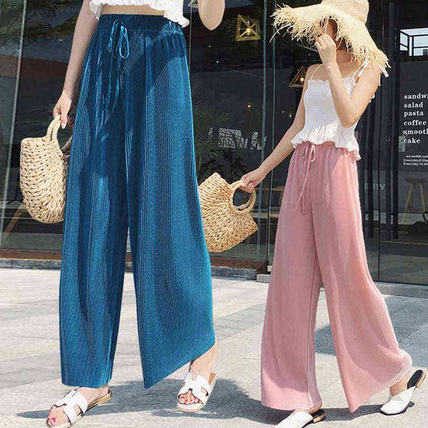 

women's leggings summer wear paper man high waist wide leg pants chiffon loose pleated skirt casual nine point solid pants, Black