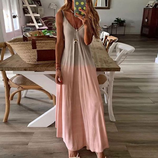 

fashion plus size summer beach dress for women fashion gradient sleeveless long dresses v-neck strap female vacation maxi dress, Black;gray