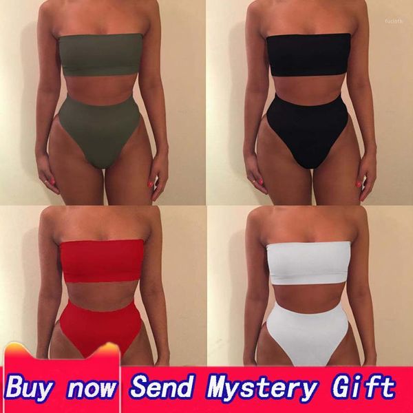 

exotic 2-piece solid color tube split two-piece red black and white pink swimsuit high waist ladies' large size briefs1