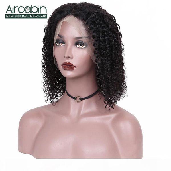 

aircabin kinky curly 16 inch 13x6 type t hd transparent lace front bob wigs glueless brazilian remy human hair wigs for women, Black;brown