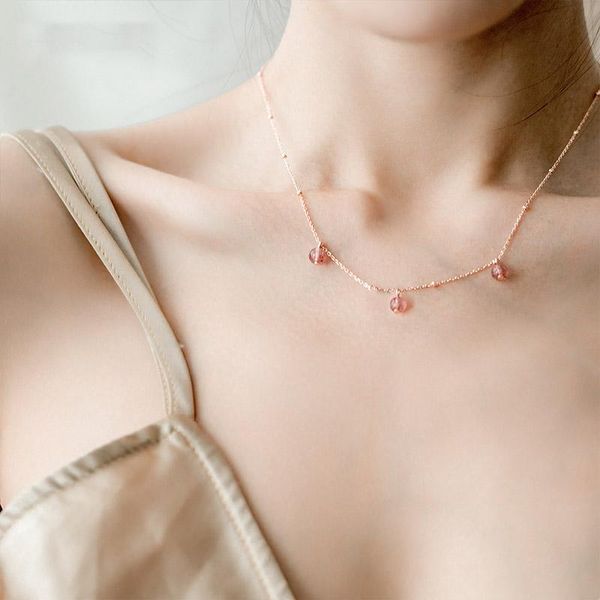 

Pink Crystal Necklace Female Simple Strawberry Crystal 925 Sterling Silver Custom Clavicle Chain Woman Student Cute Gift Jewelry