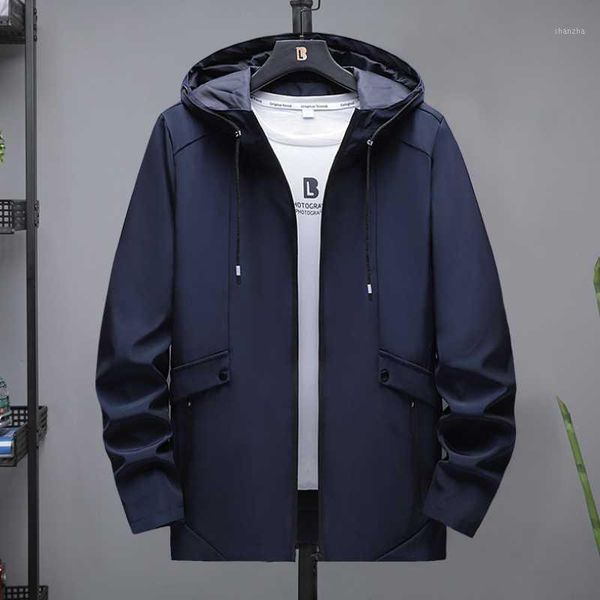 

2021 new autumn and winter casual windbreaker men's jacket mid-length hooded men's simple black windproof jacket1, Black;brown