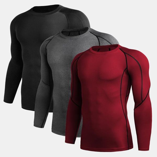 

3 pcs men's compression shirts elastic quick dry base layer long sleeve fitness t-shirt workout autumn winter1, White;black