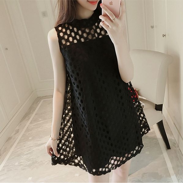 

summer korean sleeveless two piece bottoming shirt hollowed out solid color t-shirt skirt student small medium length women