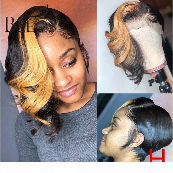 

short wave wave pixie cut 150%13*4 deep part lace front human hair wig 1b 27 honey blonde color brazilian remy hair bleach knots, Black