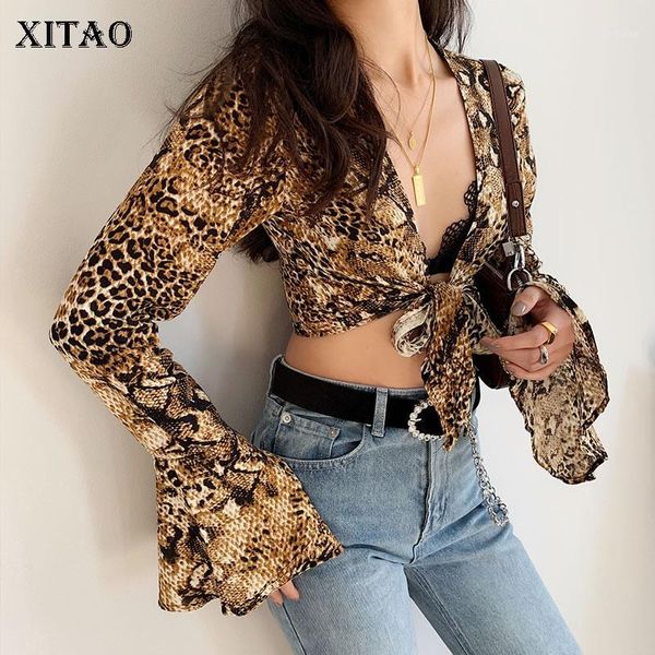 

xitao] 2019 spring new korea fashion women v-neck full sleeve casual shirt female leopard flare sleeve blouse wbb23441, White