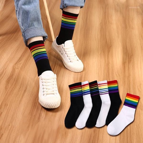 

3 pairs fashion women's socks cotton rainbow color women funny 100 cotton harajuku designer striped standard length sock1, Black;white