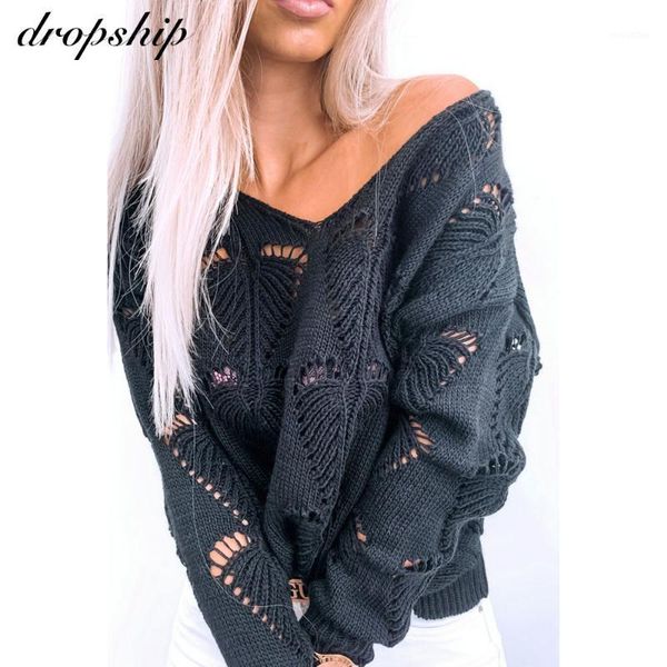 

fall 2020 women autumn and winter sweater v-neck hollow out loose simple casual solid color long sleeve pullover woman sweaters1, White;black