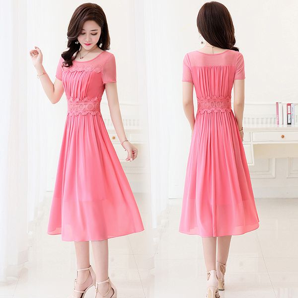 

plus size summer chiffon patchwork folds slim waist big swing short sleeve o-neck tea-length a-line party cocktail dress 9949, Black