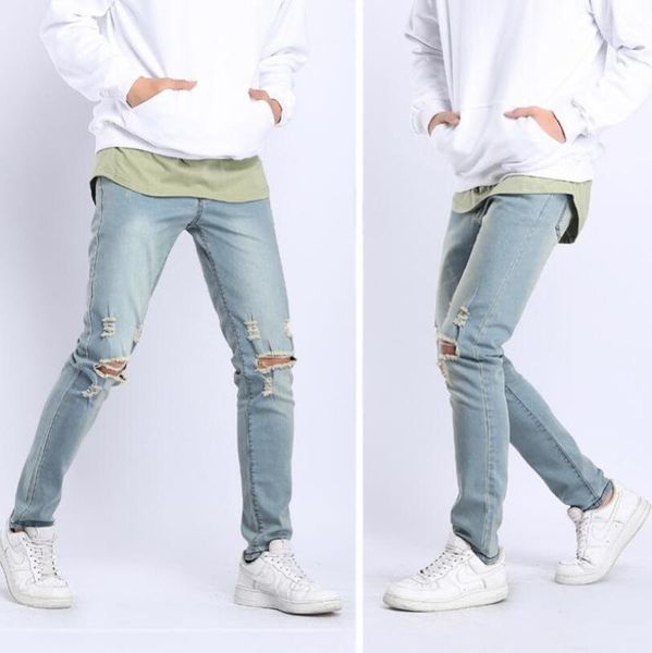 

high street hip hop style jeans men's skinny slim denim pencil pants men's fashion casual cotton stretch hole jeans1, Blue