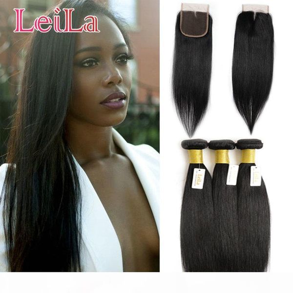 

brazilian 3 bundles with 4x4 lace closure middle three part 4pieces lot human hair extensions straight hair 8-28inch, Black;brown