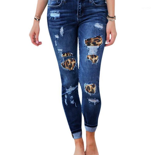 

women's pants & capris women skinny ripped jeans, mid waist slim fit leopard patchwork distressed denim pants1, Black;white