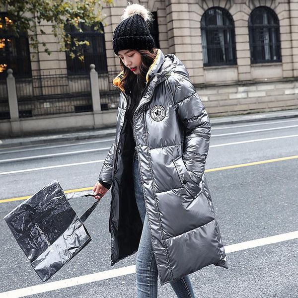 

2020 new fashion glossy silver down jackets winter women's long hooded coat parkas thick winter jacket women outwear oversized, Black