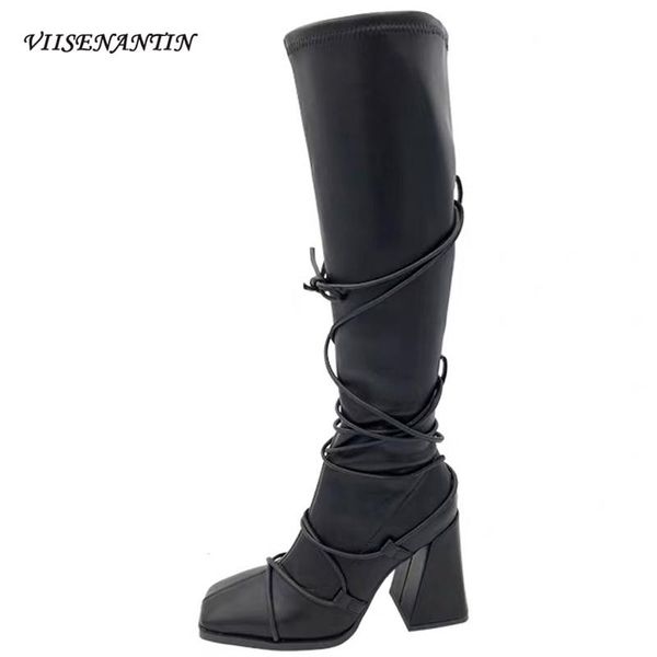 

boots black women long 2021 arrival sock bootie chunky hihgh heel squared toe bota narrow bandage chic female shoes fashion