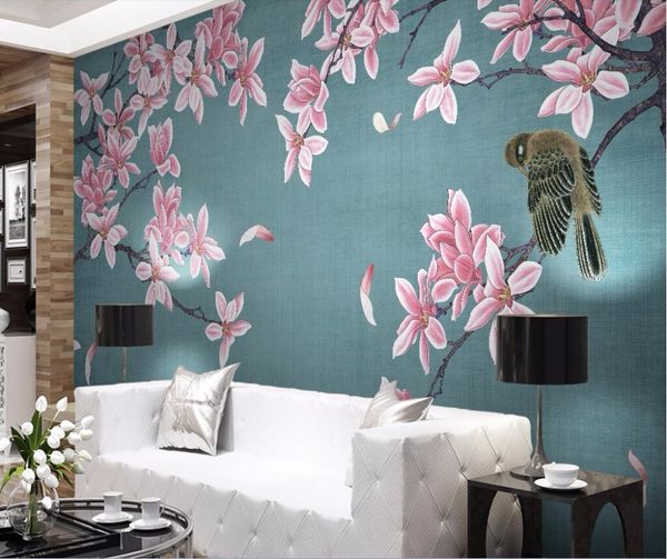 Beibehang papel de parede personalizado Magnólia fresco pássaro murais de parede sala de estar quarto TV cenário chinês pintados à mão 3d