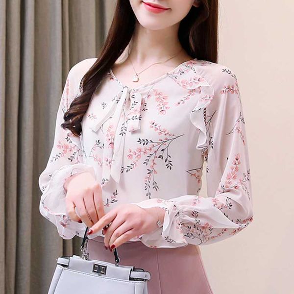 

women's blouses & shirts woman feminina vintage blouse fashion clothes 2021 spring autumn sweet floral chiffon female d0182, White