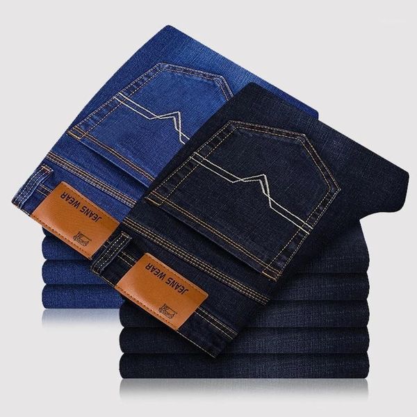 

spring summer men's lightweight jeans youth casual straight loose denim pants mid waist business man stretch long trousers 28-401, Blue