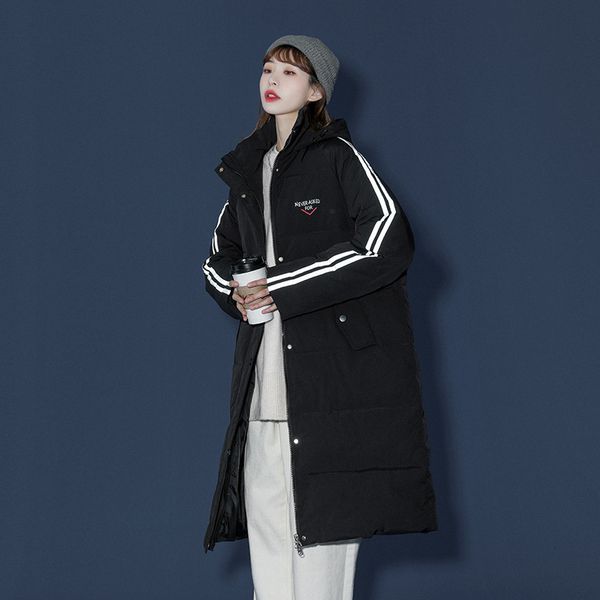 

2020 winter new korean women's student reflective strip loose medium length thickened down cotton padded jacket, Black