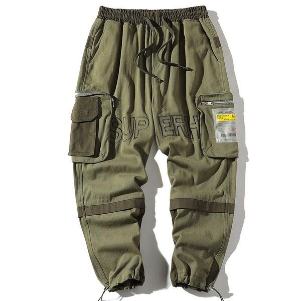 

men's pants letter lace up casual zipper cargo plus size joggers streetwear trousers cotton overalls flexible cuff men, Black