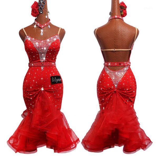

latest latin dance dress female rhinestone dress fish bone skirt red salsa dancing competition costume latin1, Black;red