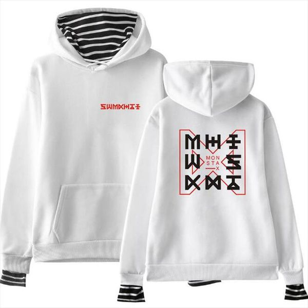 

kpop monsta x крупногабаритные толстовка женщины мужчины полосатый лоскутная поддельные две пьесы толстовка женский harajuku hip hop пуловер, Black