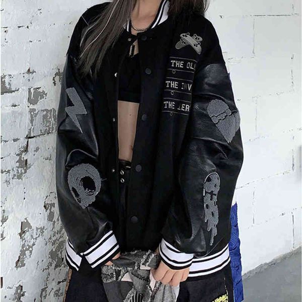 

splicing leather bomber jackets women coat couple baseball jacket 2021 autumn boyfriend style varsity hiphop streetwear, Black;brown