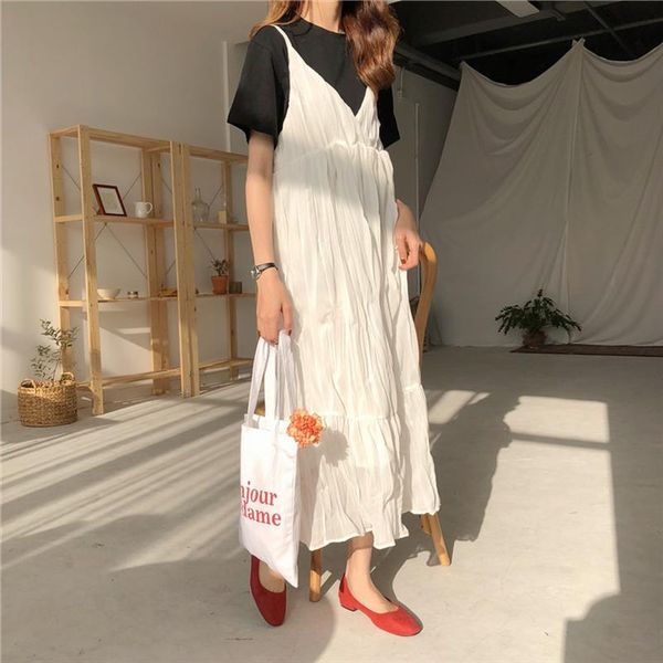 

women pleated dress elegant korean fashion janpan harujuku kawaii spaghetti strap v neck casual long dress vestidos qh2243, Black;gray