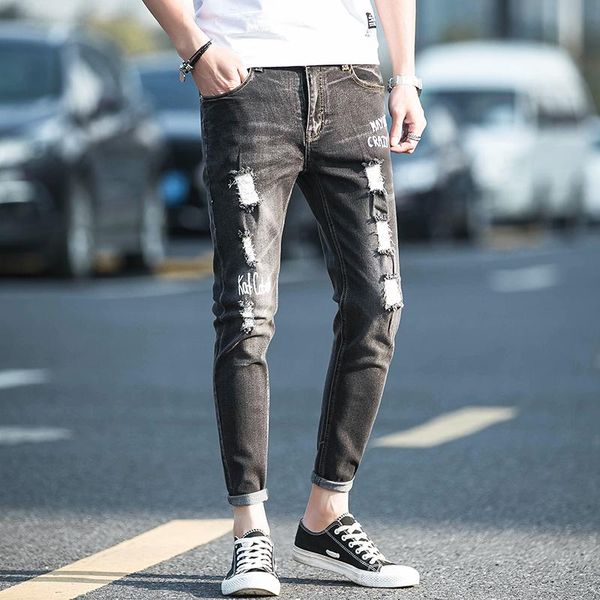 

men's jeans broken hole pencil 2021 spring classic men slim ankle-length pants comfortable clothing distressed male pant, Blue