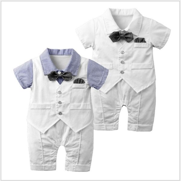 Nova Venda Quente Baby Boys Cavalheiro Maciçados Verão Criança Macacões de Manga Curta Com Bowtie Infantil Baby Onesies Baby Boy Romping