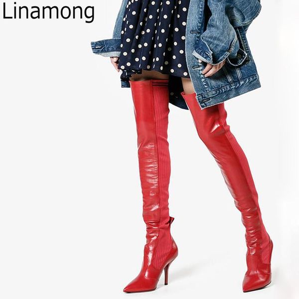 

boots fall women stretch fabric leather patchwork thigh high socks heels ladies point toe over knee long knight botas, Black