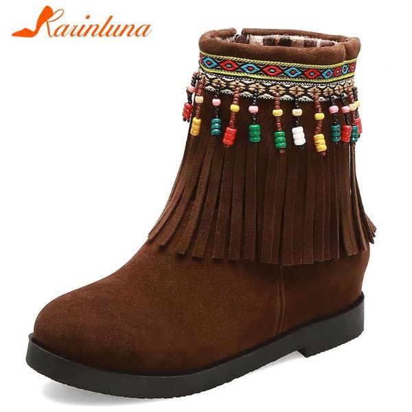 

boots karin round toe classics fringe low heels design autumn winter zip increase internal casual female, Black