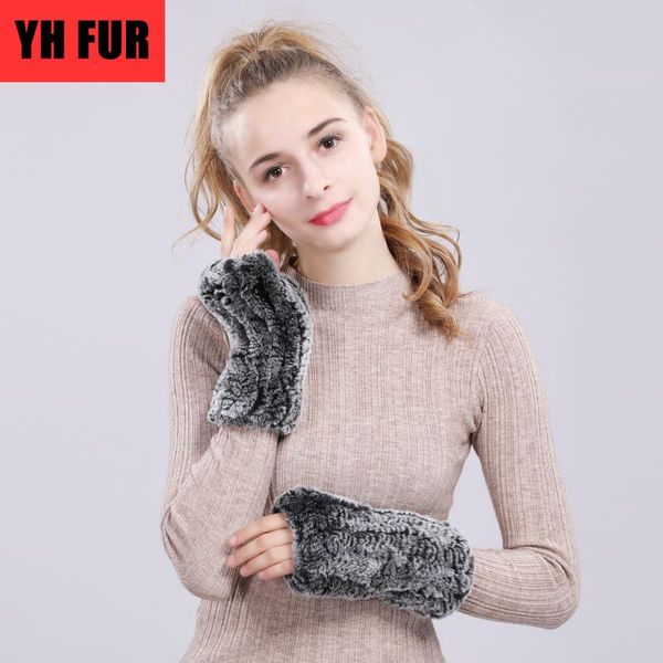 

new women 100% real genuine knitted rex fur mittens winter warm lady real fur fingerless gloves handmade knit mitten, Blue;gray