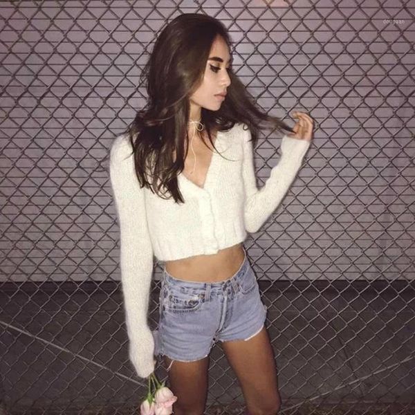 

autumn and winter v-neck knit buttonigan sweater pure white fashion short crochet knit sweater coat female leisure 1, White;black