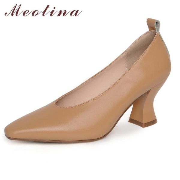

meotina shoes women real leather high heels pumps square toe strange style footwear lady summer shallow dress shoes apricot 40, Black