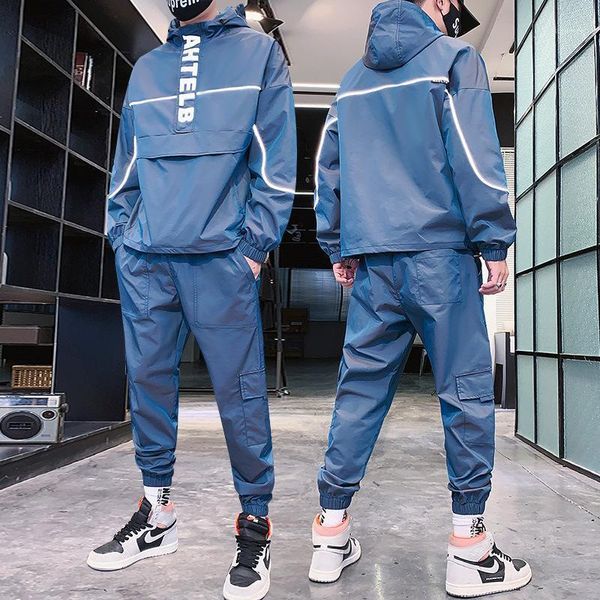 

spring new fashion reflective tracksuit men hooded sweat suits 2 piece set men streetwear jogger suits plus size s-4xl1, Gray