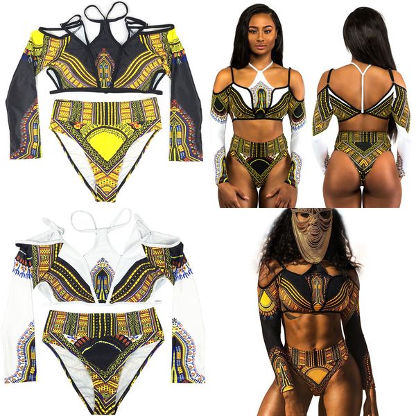 

african print swimwear tribal bikini set long sleeves swimsuit women biquini 2020 female high waisted bathing swim suit xxl q0105, White;black