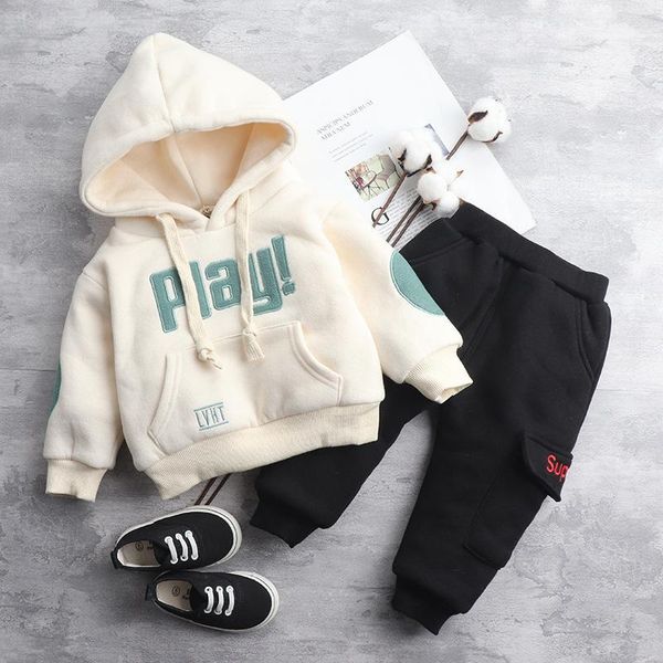 

boy clothes sets 2020 winter male baby plus velvet thick suits hoodies+pants 2pcs suit for boys children casual sports clothing1, White