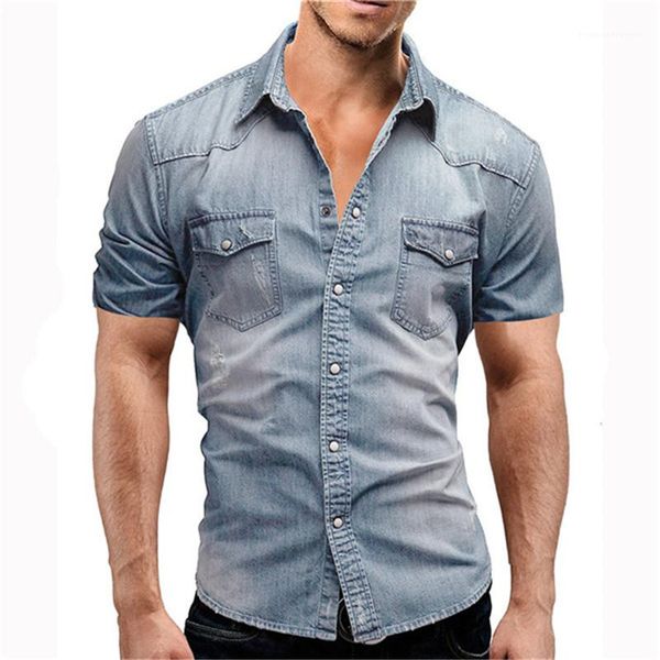 

solid color denim shirt with buttons fashion short sleeved mens summer man turn down collar tees mens designer, White;black