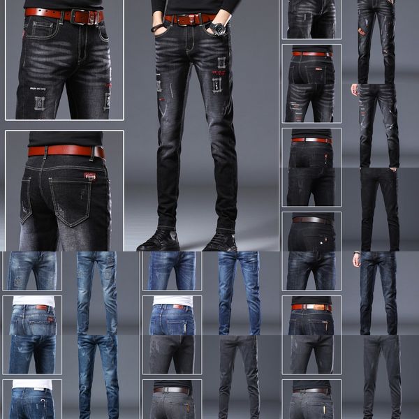 

autumn winter plush embroidered black and jeans trousers and jeans men's slim fit elastic legged pants for students' korean fashio, Blue