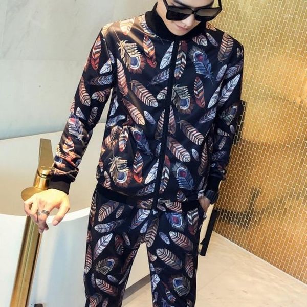 

2020 autumn korean style casual slim fit sports suit feather printed jacket+pants 2pcs set trainingspak mannen tracksuit men1, Gray
