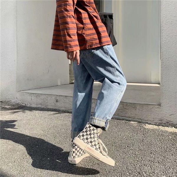 

plaid cuffed jeans mens tide brand casual washed straight trousers all-match nine-point pants male spring autumn oversize s-3xl, Blue
