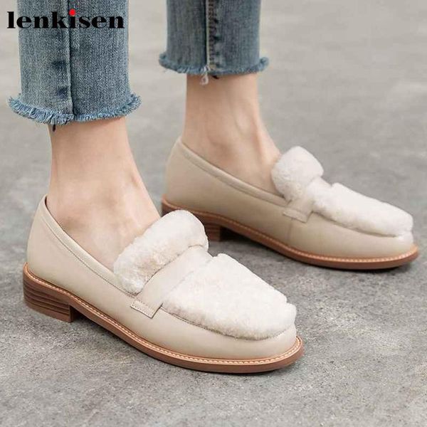 

lenkisen new cow leather lambswool slip on loafers shoes solid fashion keep warm round toe med heels daily wear women pumps l80, Black