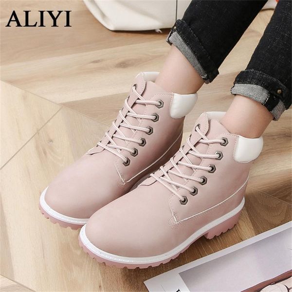 

aliyi women's ankle boots 2020 autumn winter new lace up ladies flat snow boots with velvet non-slip female warm cotton shoes, Black