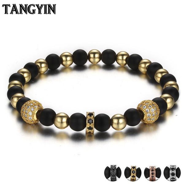 

tangyin 8mm black matte beaded bracelet men and women jewelry micro-inlaid ball gold black copper beads bracelet gift, Golden;silver