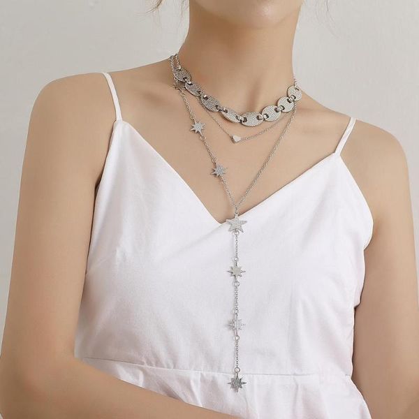 

2pc/set gothic layered star tassel heart pendant choker necklace bohemian punk long chain necklace women fashion jewelry, Golden;silver