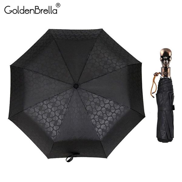 

brand skull handle umbrella men matic 3 folding creative punk retro 8ribs windproof parasol umbrella rain men bbycez