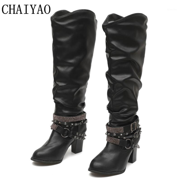 

boots women knee-high 2021 autumn winter ladies rhinestone rivet women's shoes fashion pu leather slip-on high heels boots1, Black